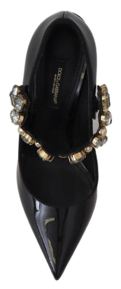 Elegantes zapatos de tacón de cuero negro con cristales