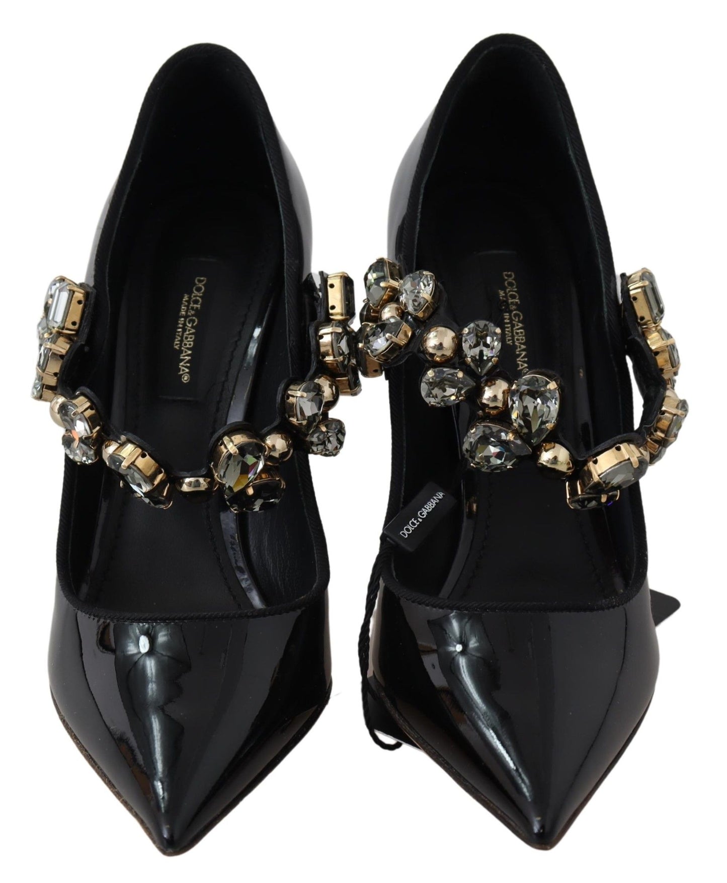 Elegantes zapatos de tacón de cuero negro con cristales