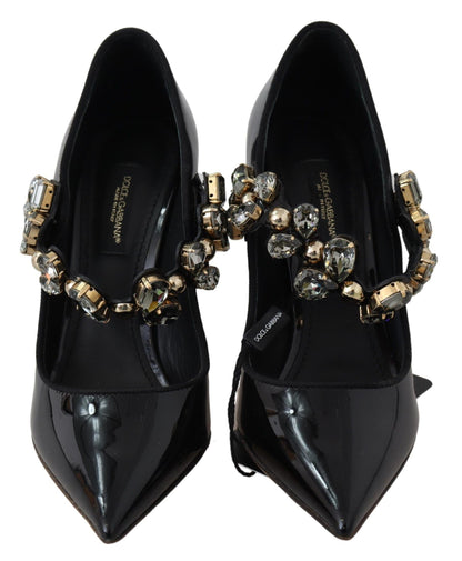 Elegantes zapatos de tacón de cuero negro con cristales