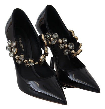 Elegantes zapatos de tacón de cuero negro con cristales
