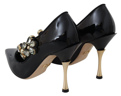 Elegantes zapatos de tacón de cuero negro con cristales