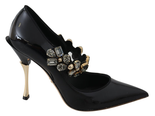 Elegantes zapatos de tacón de cuero negro con cristales