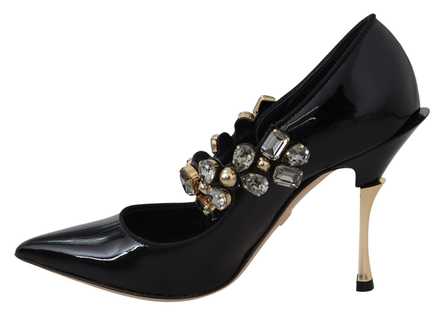 Elegantes zapatos de tacón de cuero negro con cristales