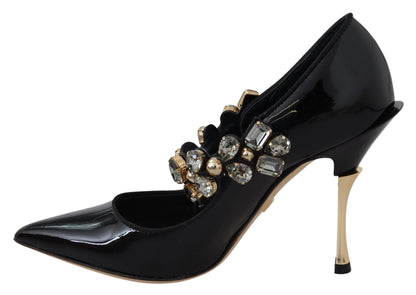 Elegantes zapatos de tacón de cuero negro con cristales