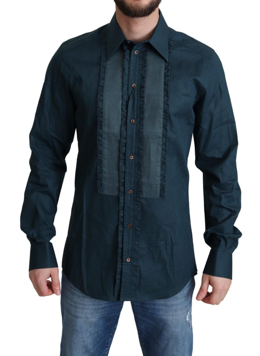 Camisa elegante de esmoquin azul con volantes