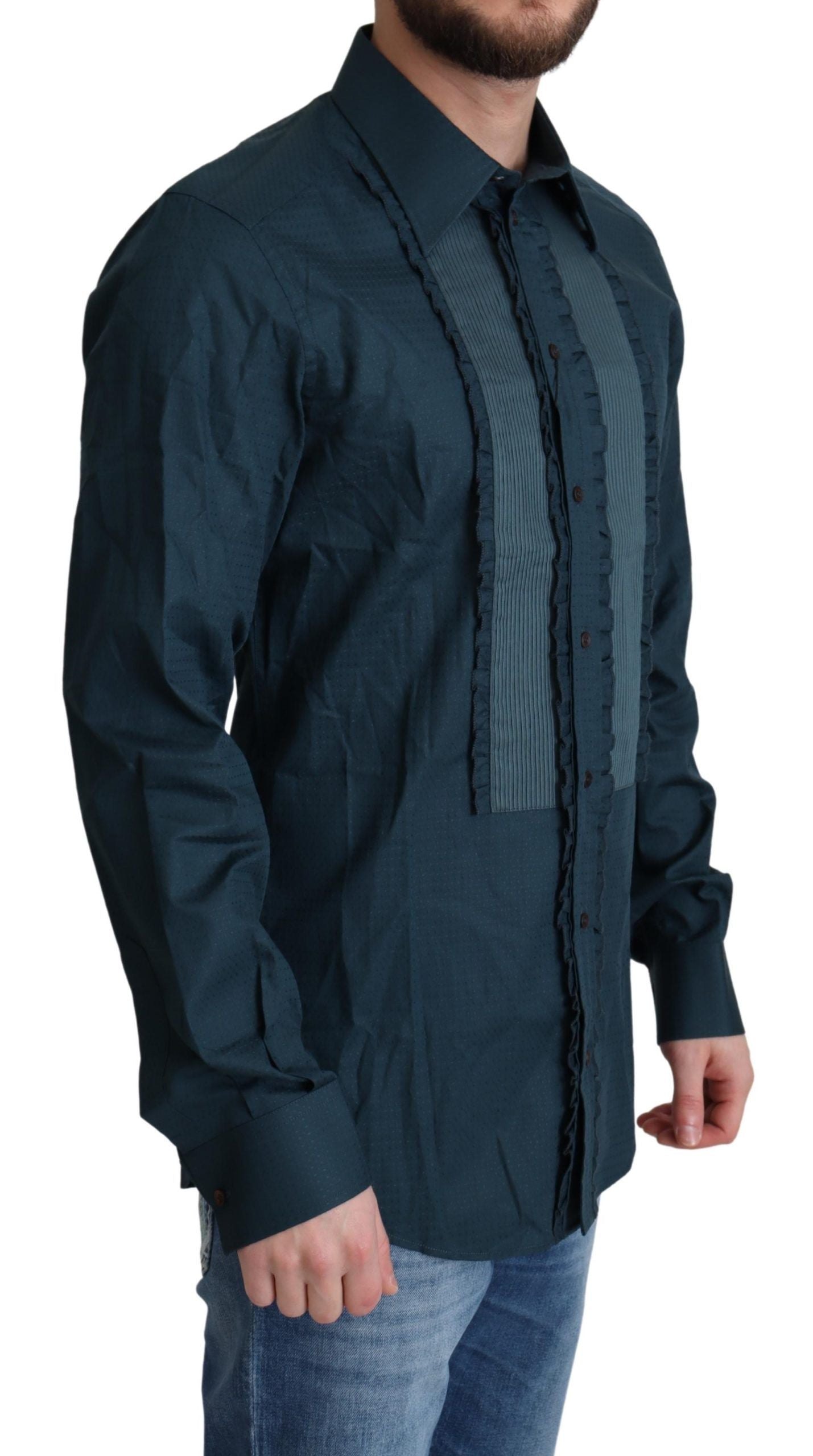Camisa elegante de esmoquin azul con volantes