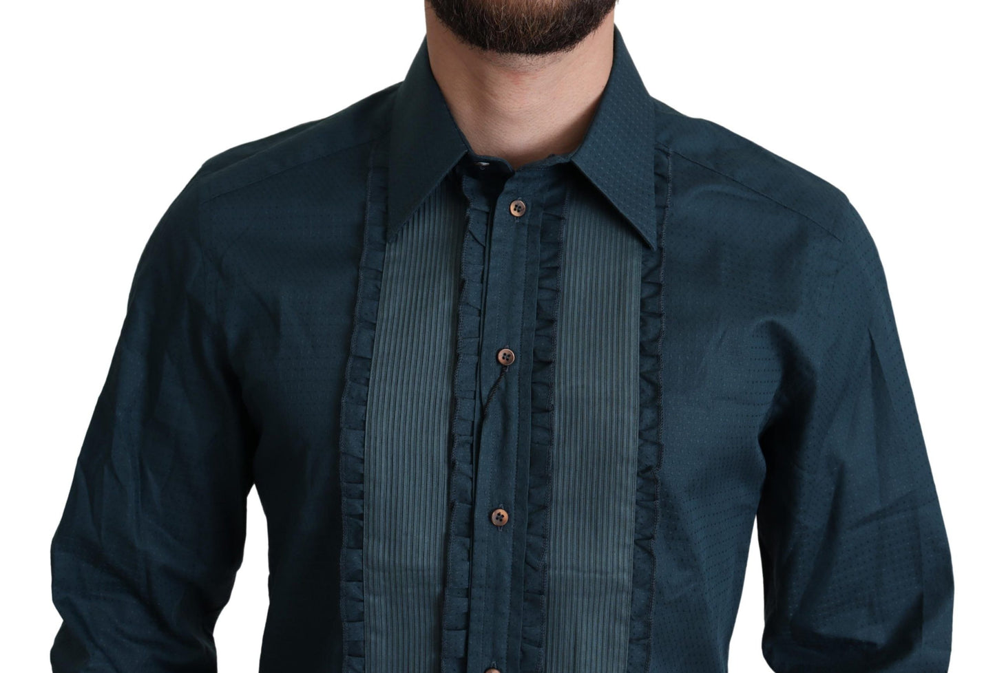 Camisa elegante de esmoquin azul con volantes
