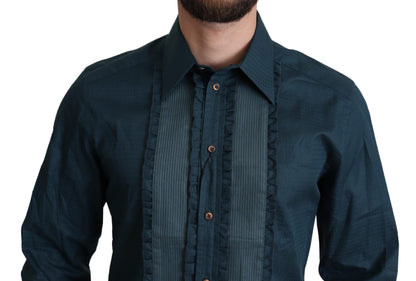 Camisa elegante de esmoquin azul con volantes