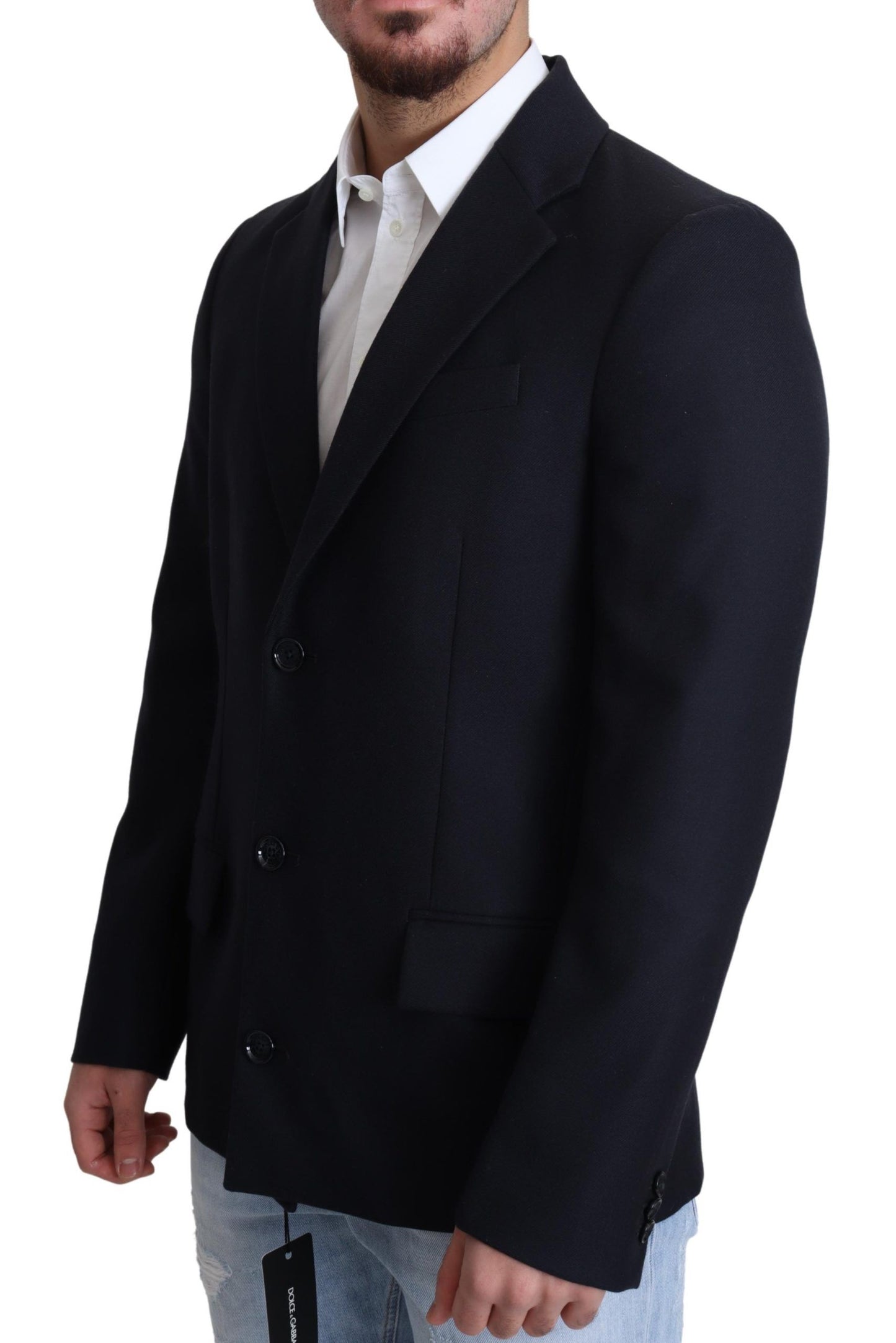 Elegante abrigo de lana virgen azul oscuro para hombre