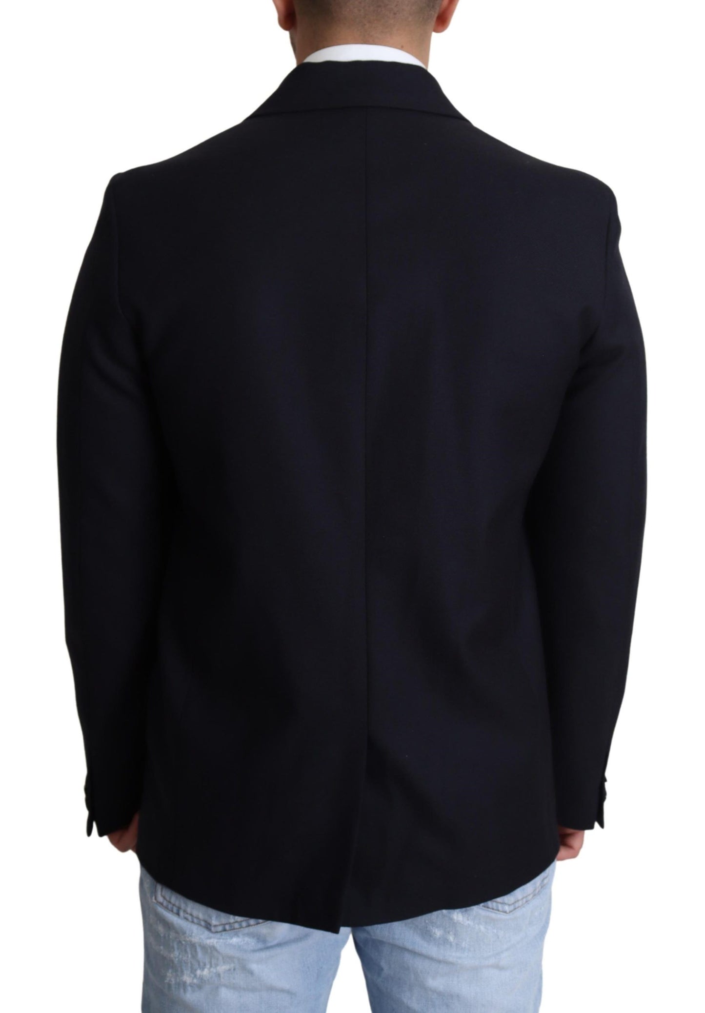 Elegante abrigo de lana virgen azul oscuro para hombre