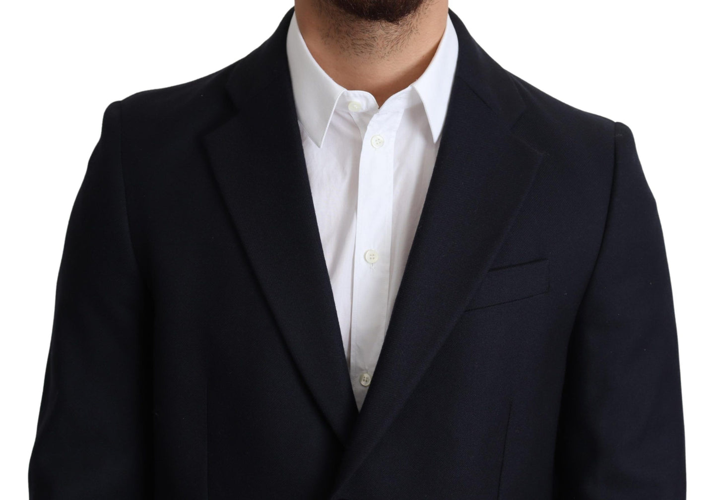 Elegante abrigo de lana virgen azul oscuro para hombre