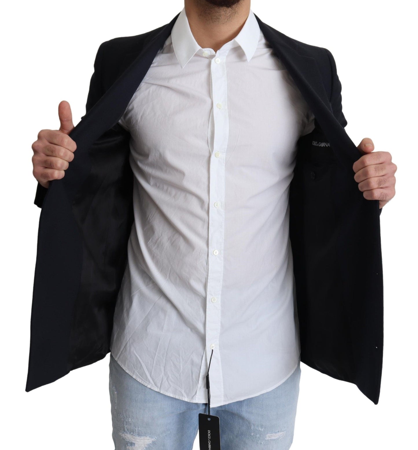 Elegante abrigo de lana virgen azul oscuro para hombre