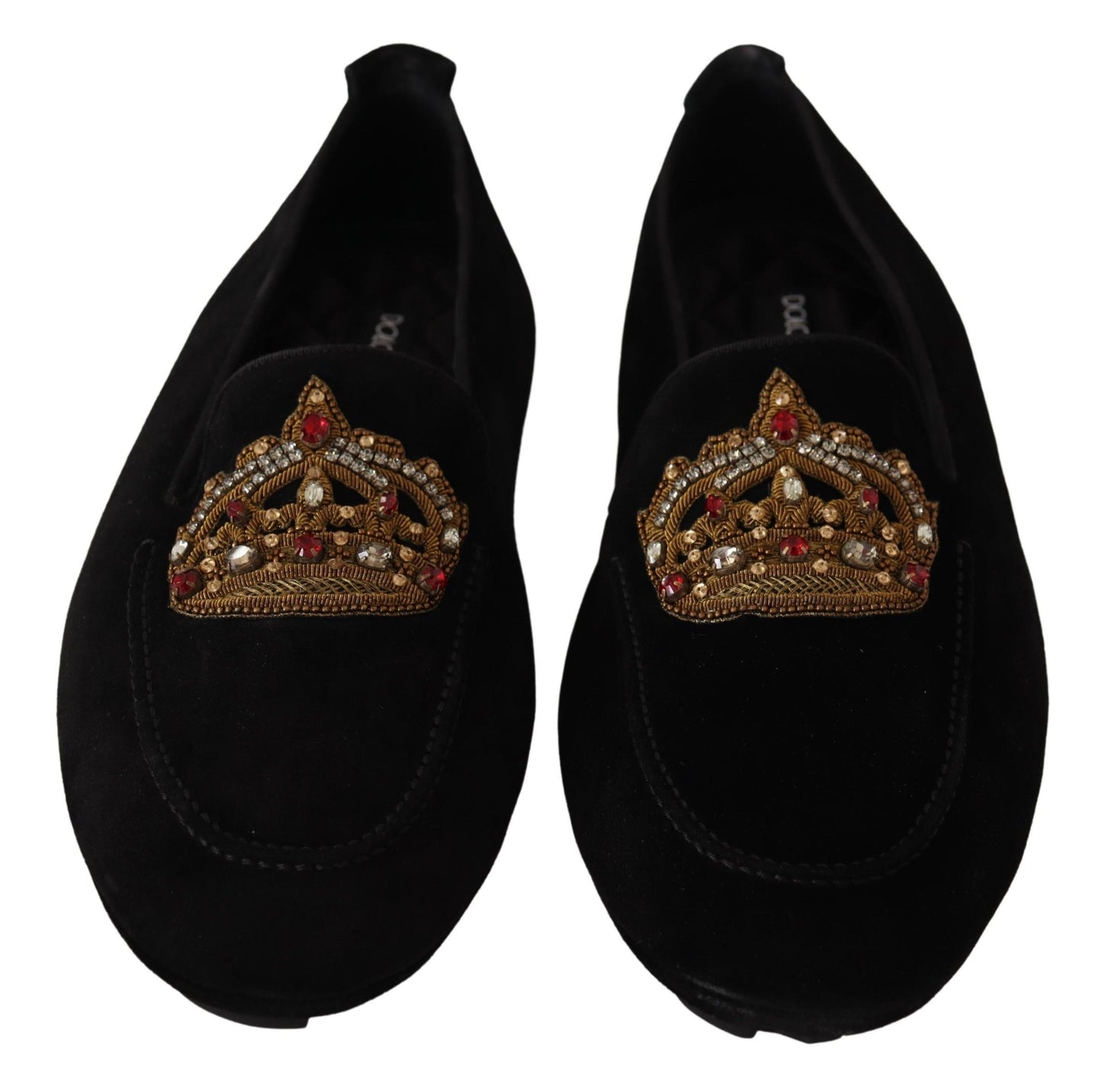 Elegantes mocasines de piel negra con bordado dorado