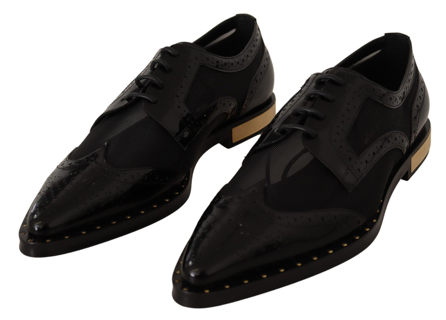 Elegantes zapatos Oxford negros con cordones y ribete dorado