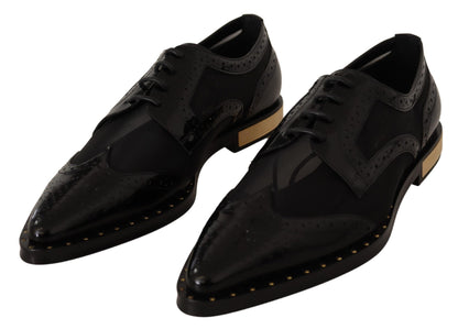 Elegantes zapatos Oxford negros con cordones y ribete dorado
