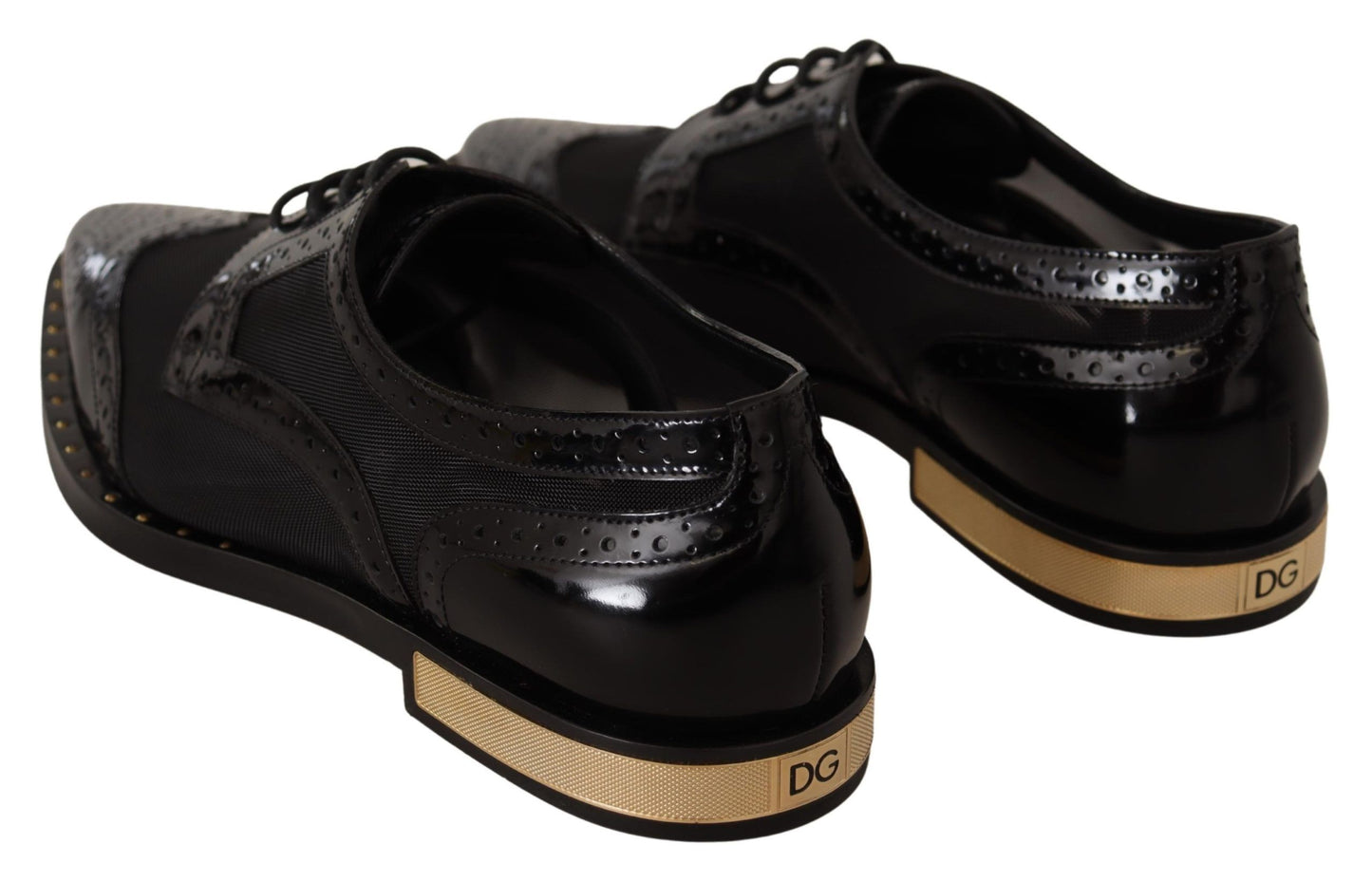 Elegantes zapatos Oxford negros con cordones y ribete dorado
