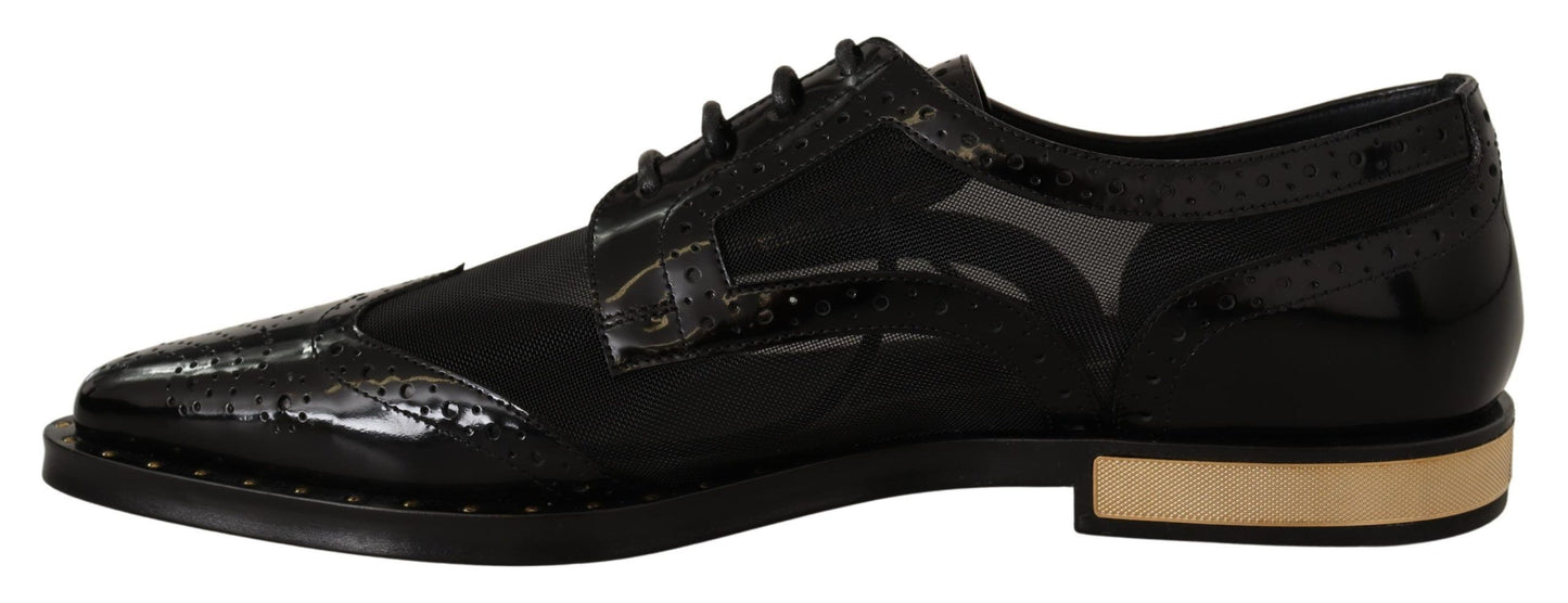 Elegantes zapatos Oxford negros con cordones y ribete dorado