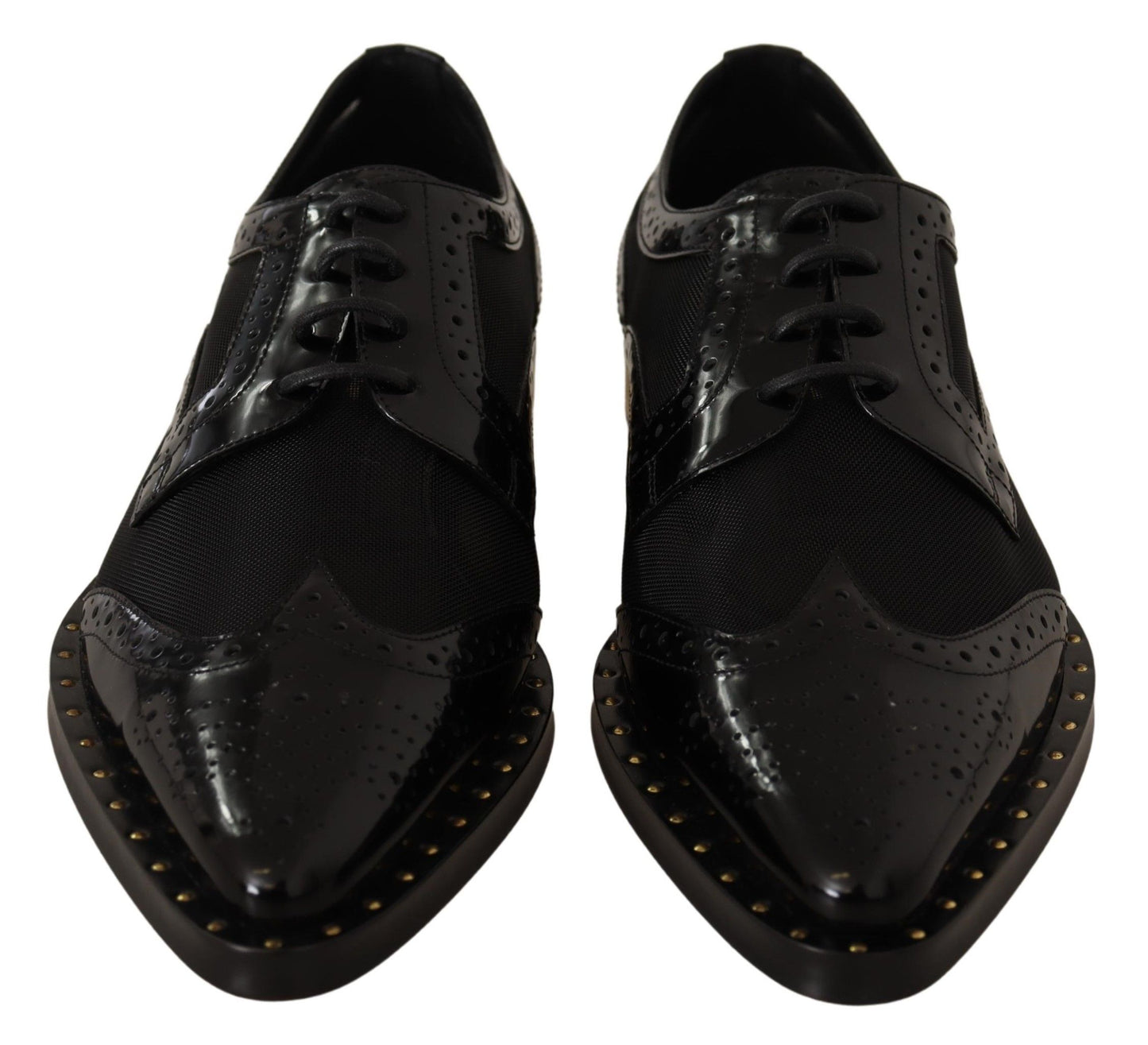 Elegantes zapatos Oxford negros con cordones y ribete dorado