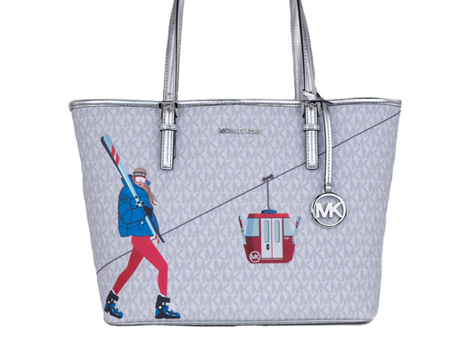 Bolso de hombro Jet Set Girls con estampado de firma, tamaño mediano, de PVC (blanco brillante y multicolor)