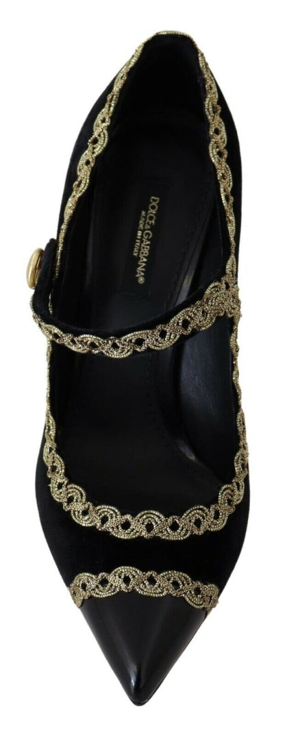 Elegantes zapatos de tacón de terciopelo negro con bordado dorado