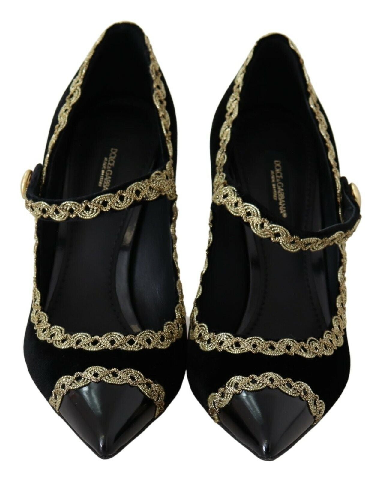 Elegantes zapatos de tacón de terciopelo negro con bordado dorado
