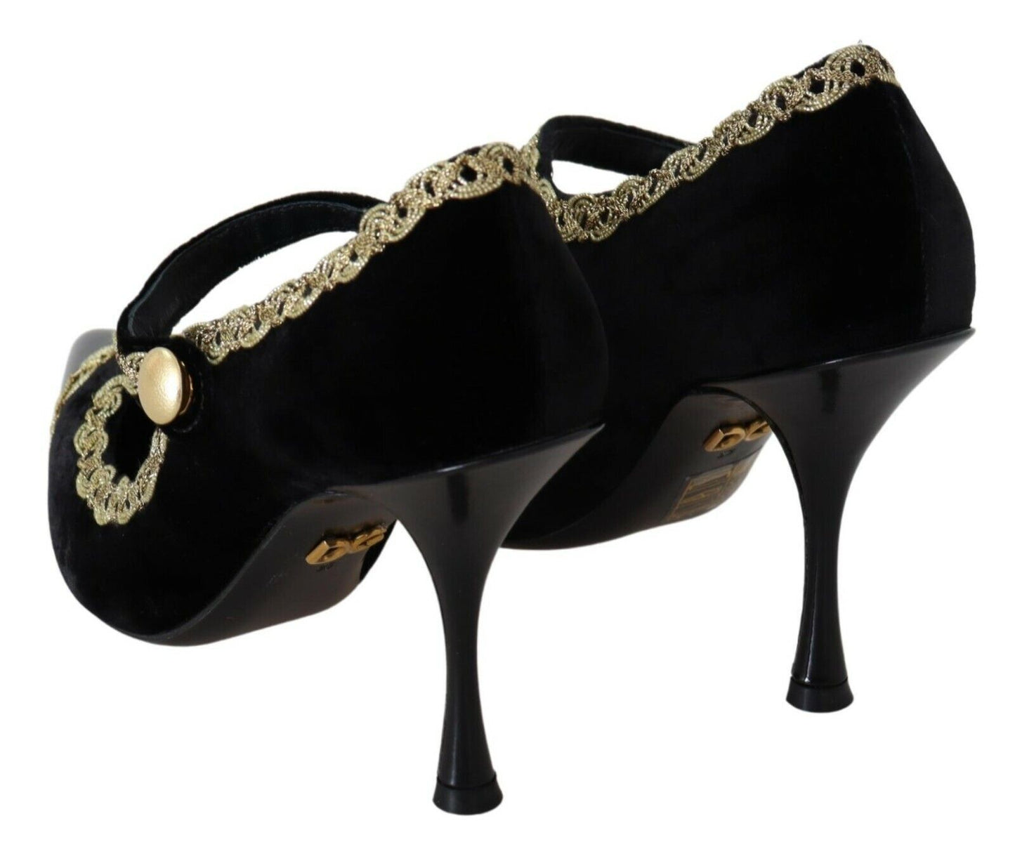 Elegantes zapatos de tacón de terciopelo negro con bordado dorado