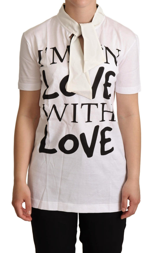 Camiseta elegante de mezcla de seda con motivo Love en blanco