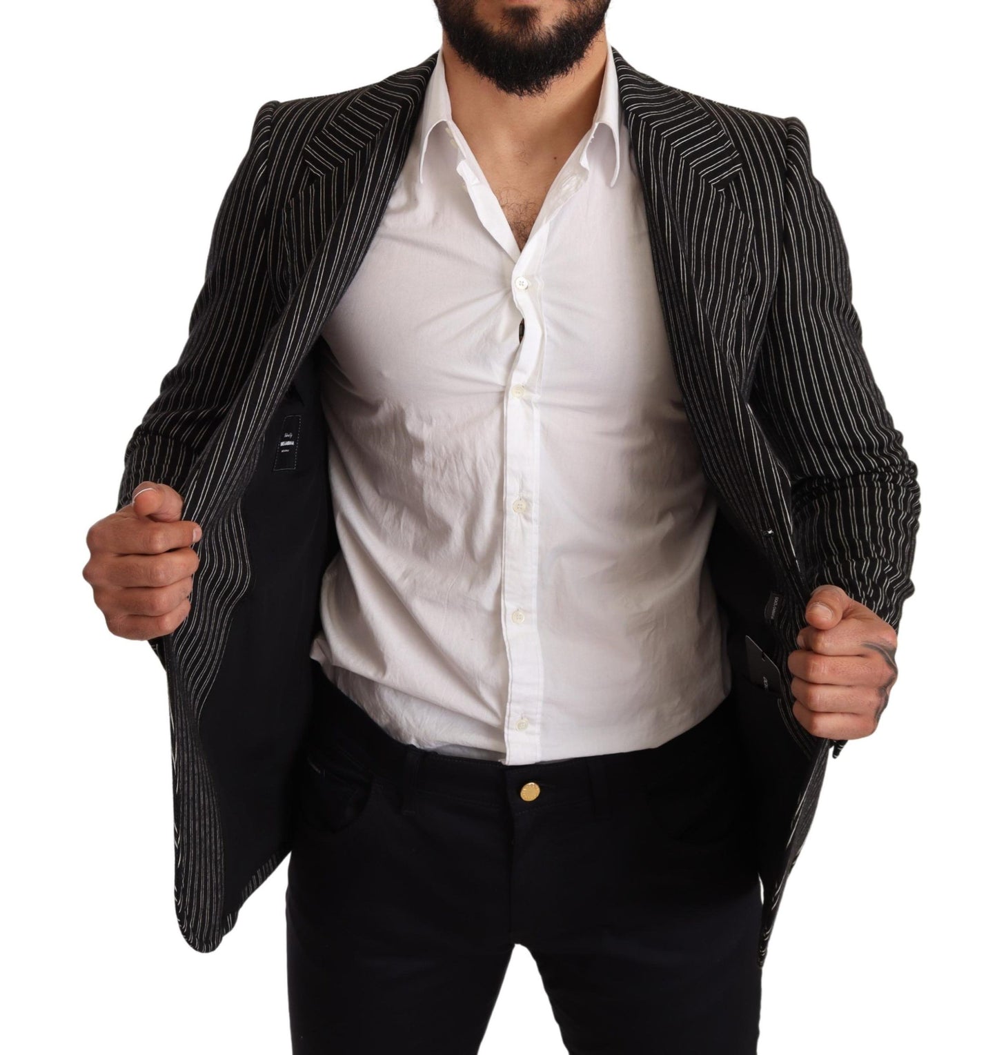 Elegante blazer de lana virgen a rayas negras