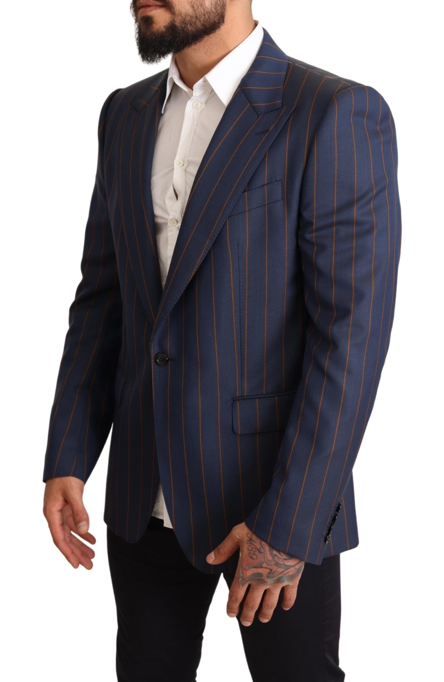 Elegante blazer de lana a rayas azules de corte entallado