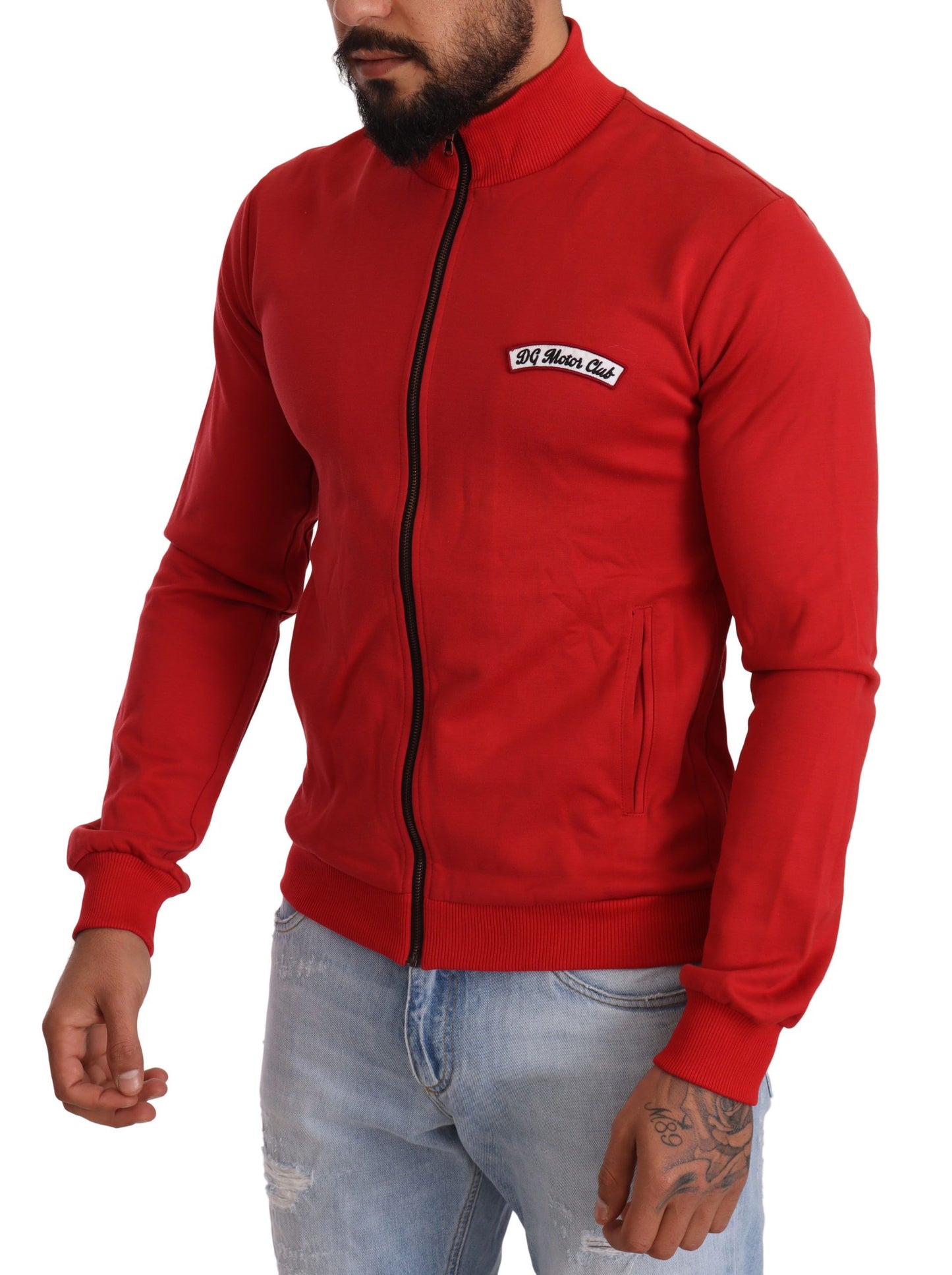 Elegante suéter rojo con cremallera completa y motivo del DG Motor Club