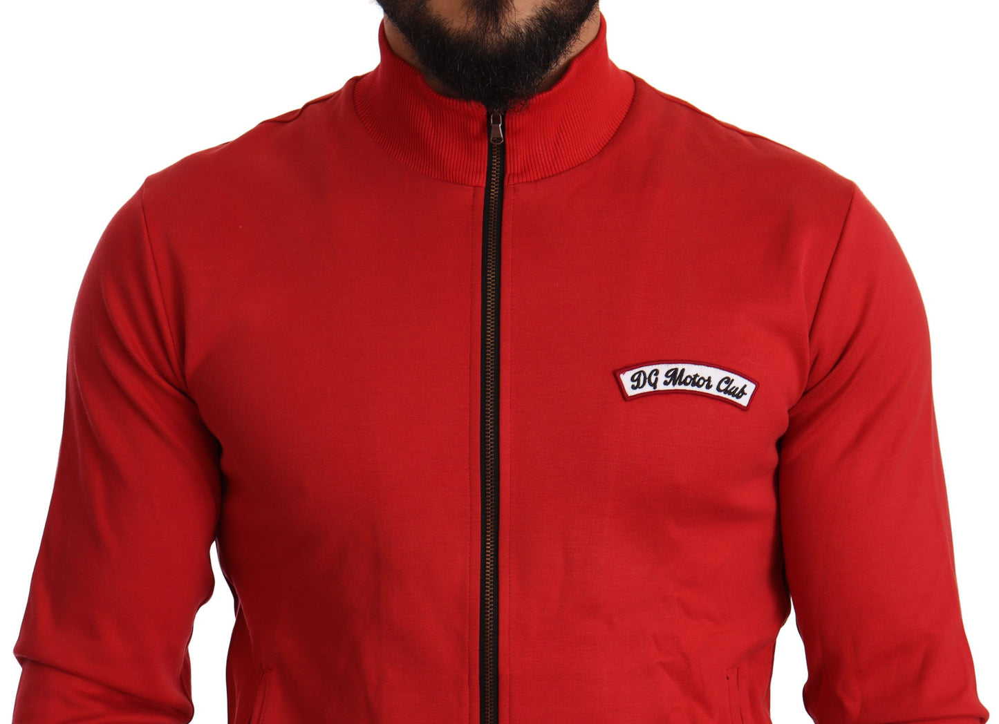 Elegante suéter rojo con cremallera completa y motivo del DG Motor Club