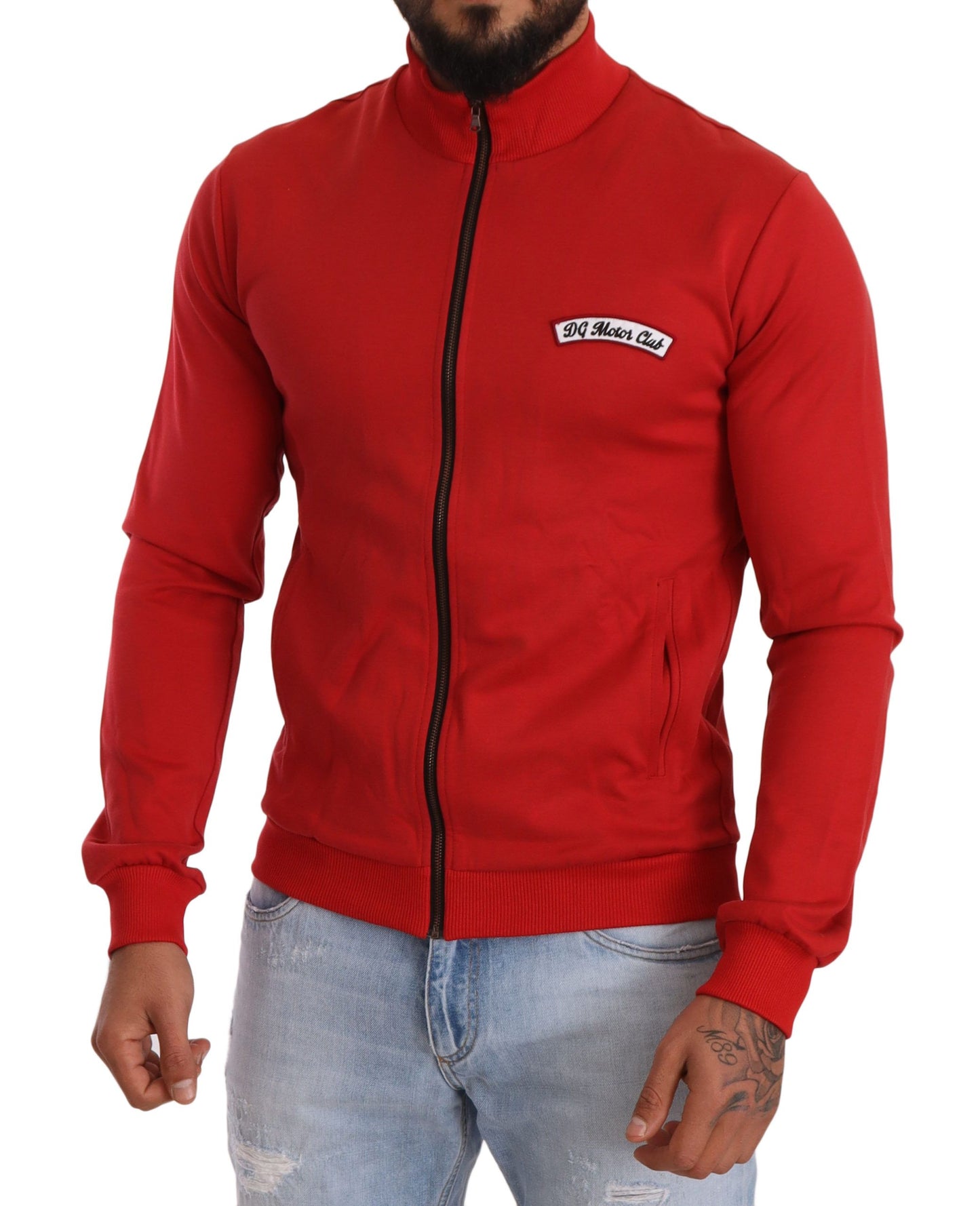 Elegante suéter rojo con cremallera completa y motivo del DG Motor Club