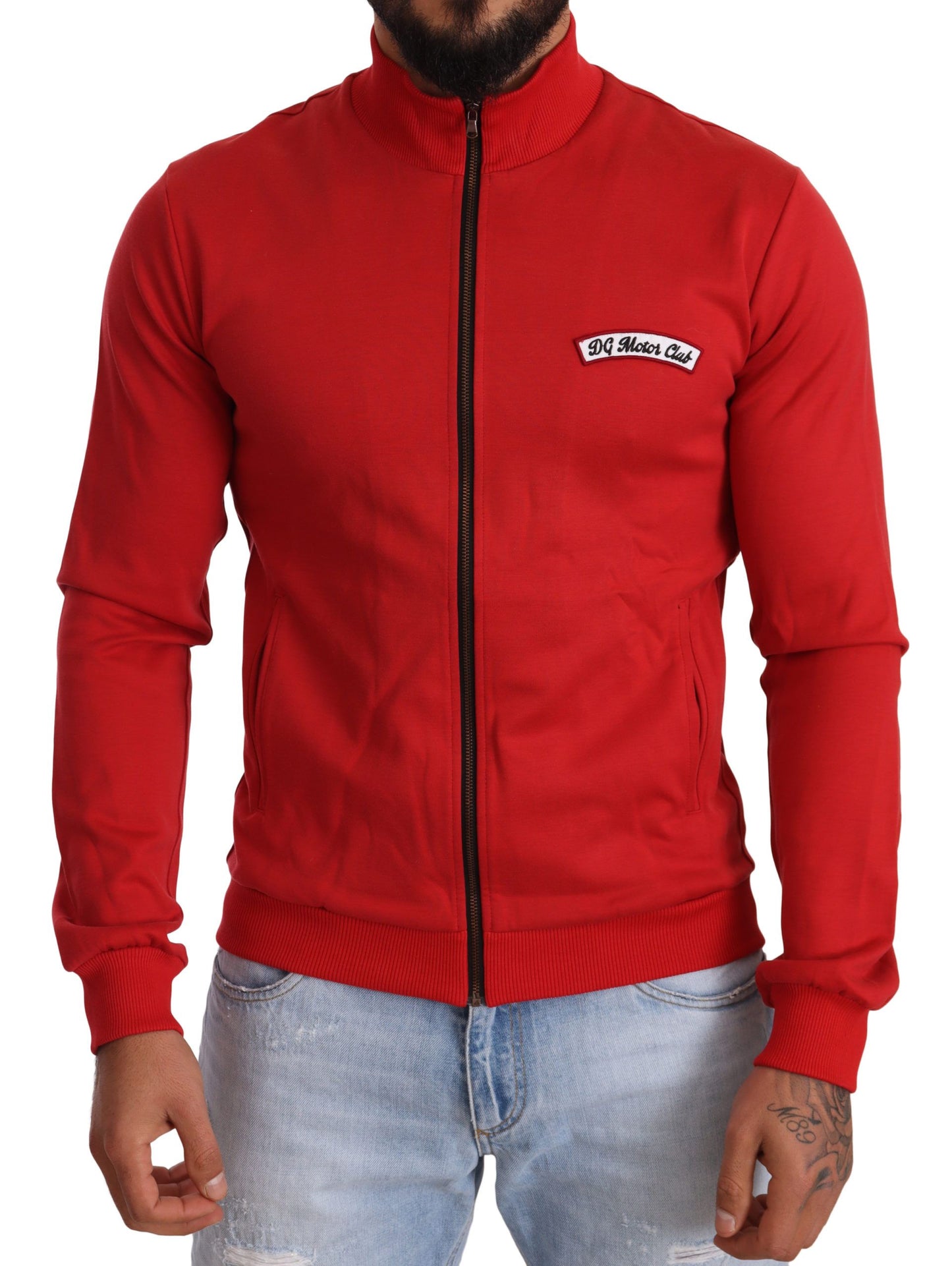 Elegante suéter rojo con cremallera completa y motivo del DG Motor Club