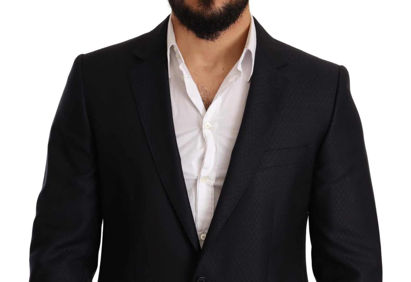 Elegante traje jacquard de corte entallado en azul