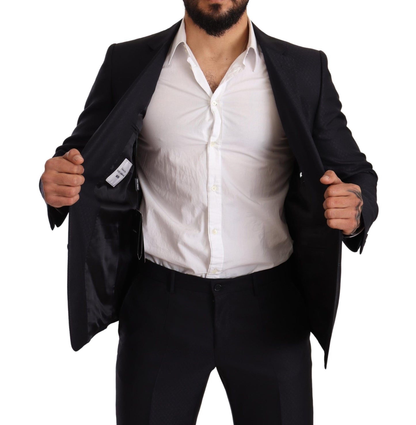 Elegante traje jacquard de corte entallado en azul