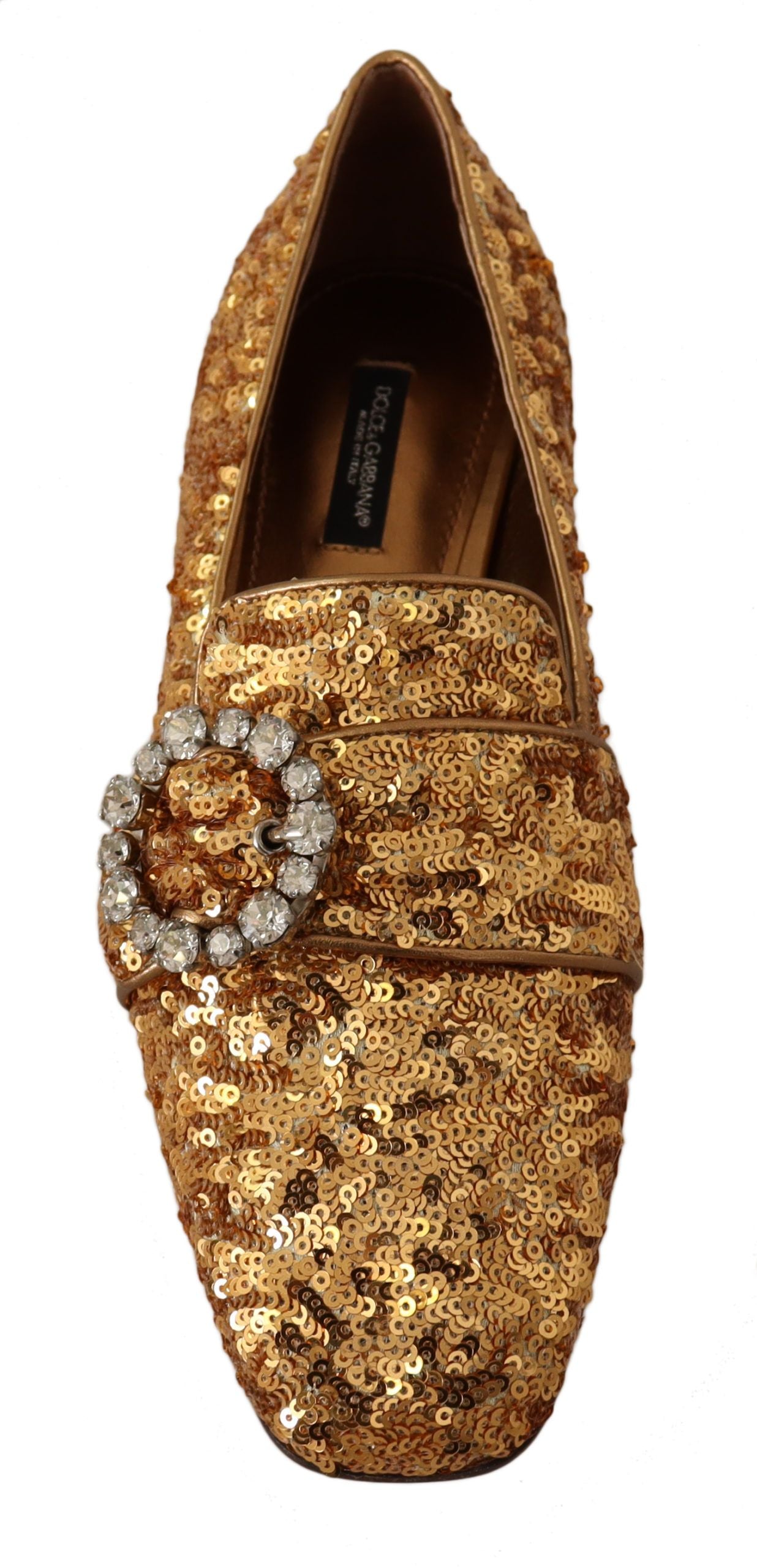 Elegantes zapatos planos con cristales y lentejuelas doradas