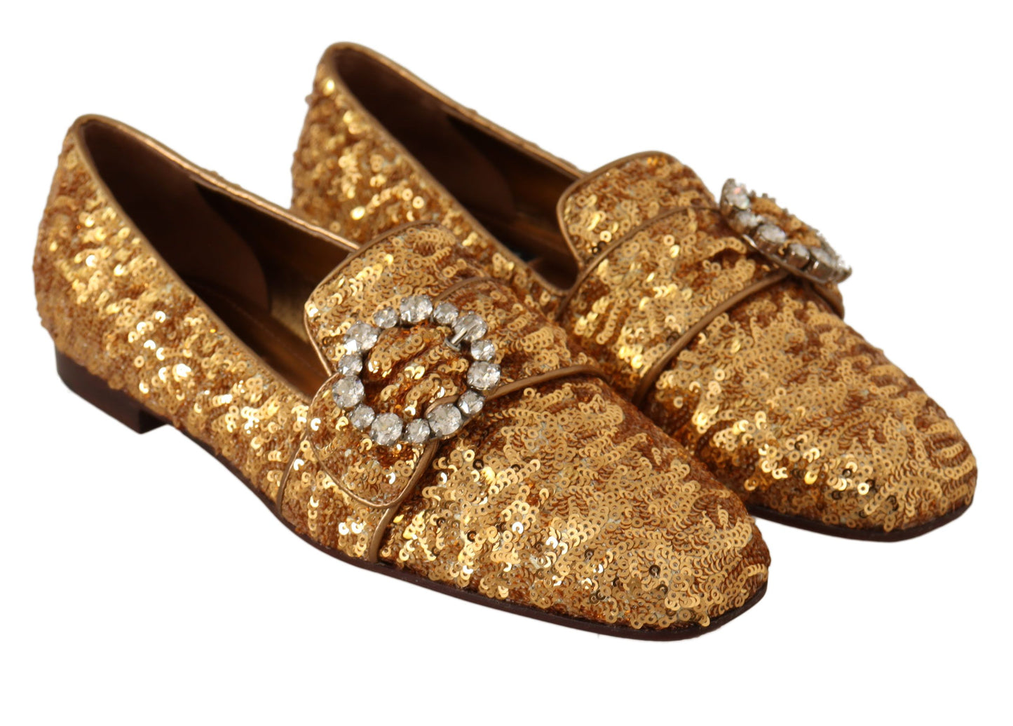 Elegantes zapatos planos con cristales y lentejuelas doradas