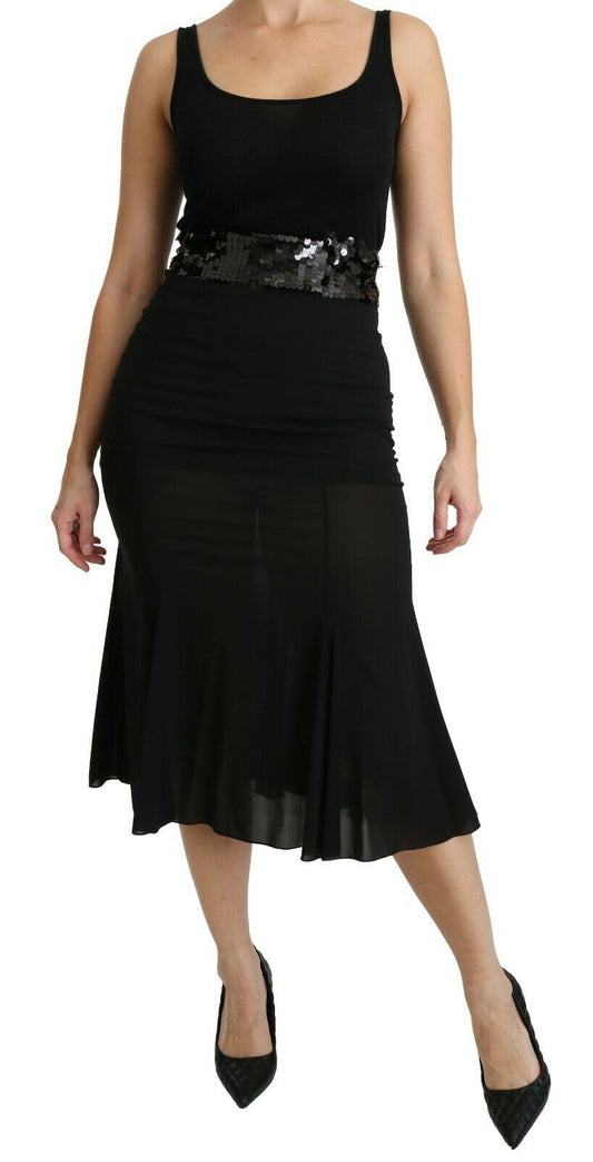 Falda elegante de mezcla de seda negra con cintura alta