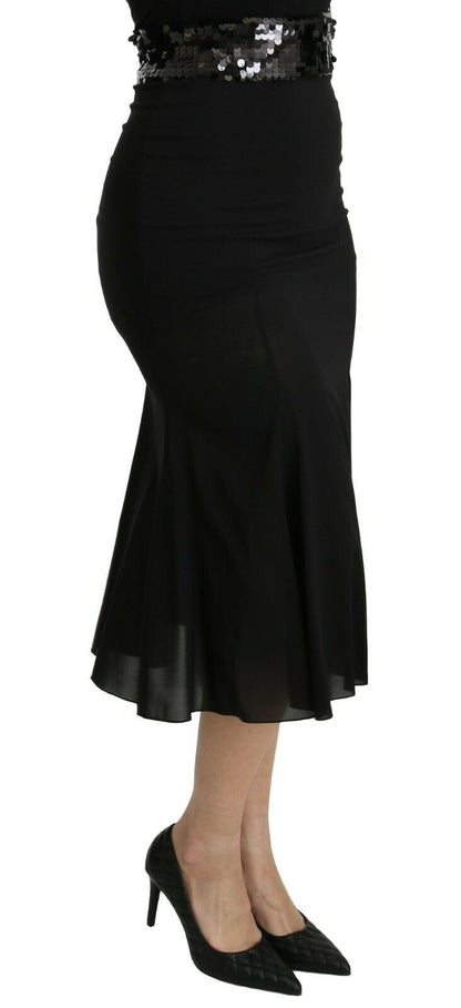 Falda elegante de mezcla de seda negra con cintura alta