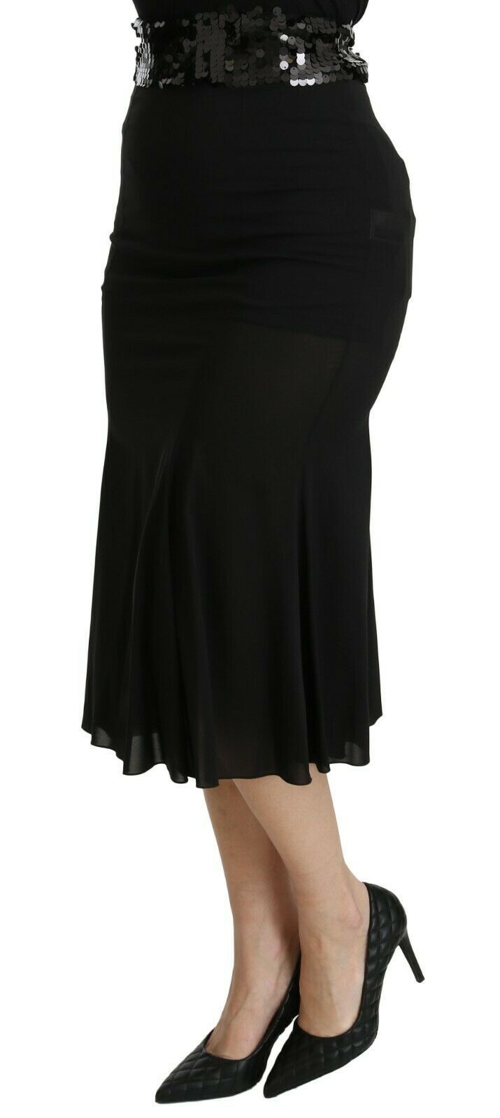 Falda elegante de mezcla de seda negra con cintura alta