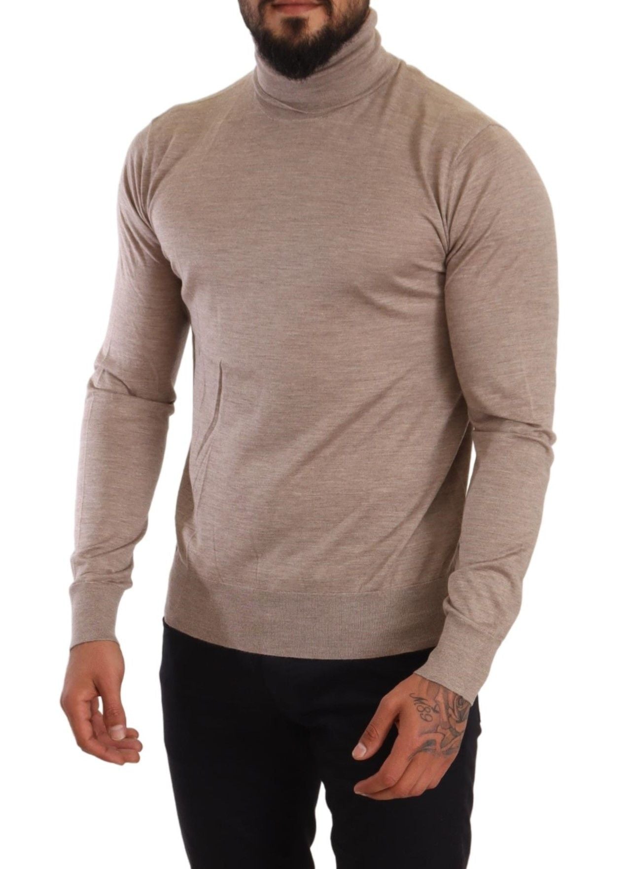 Suéter beige de cuello alto en mezcla de cachemira y seda