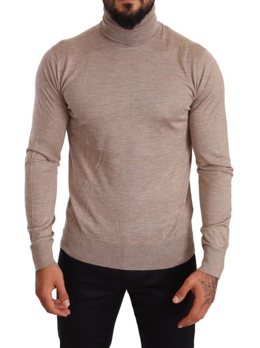 Suéter beige de cuello alto en mezcla de cachemira y seda