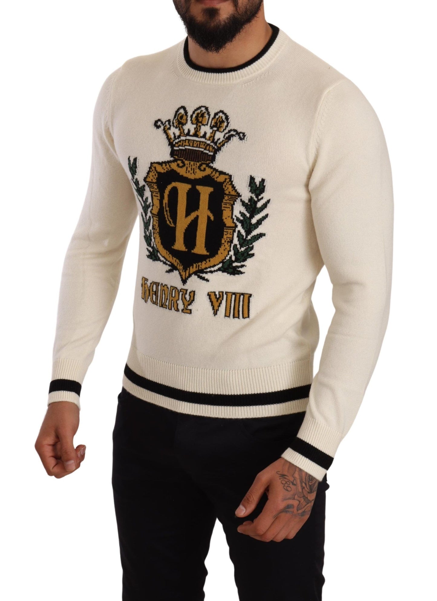 Elegante suéter heráldico de cachemira blanco nieve