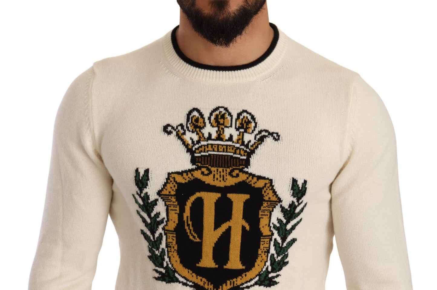 Elegante suéter heráldico de cachemira blanco nieve