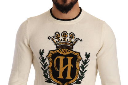 Elegante suéter heráldico de cachemira blanco nieve