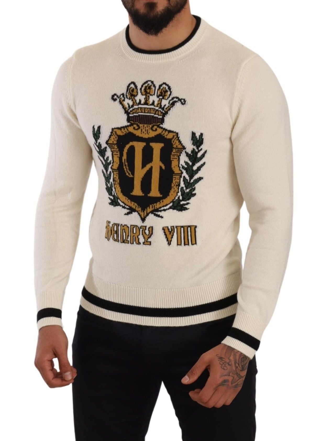 Elegante suéter heráldico de cachemira blanco nieve