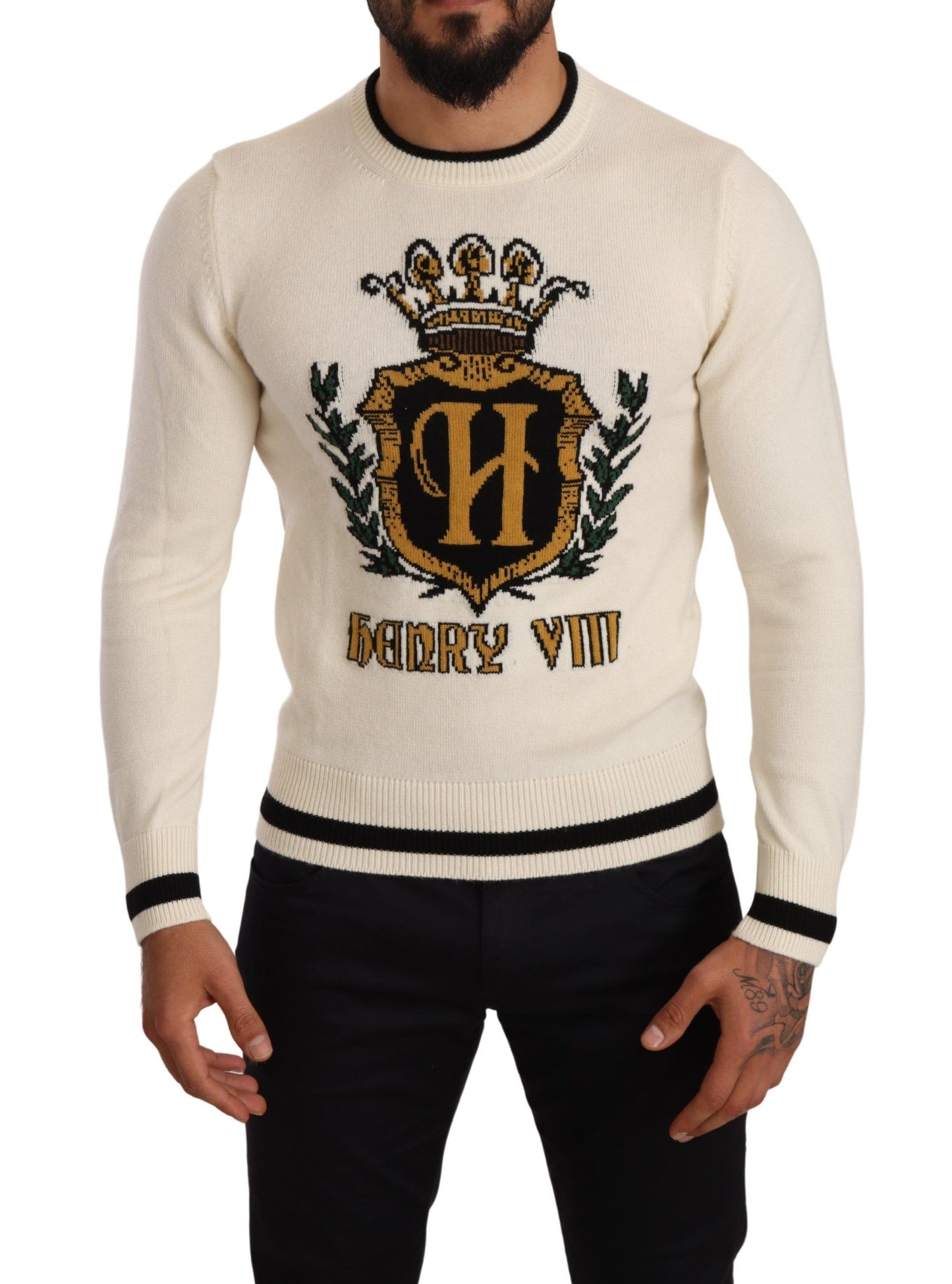 Elegante suéter heráldico de cachemira blanco nieve