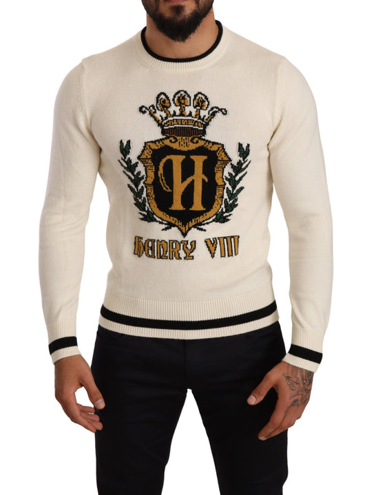 Elegante suéter heráldico de cachemira blanco nieve