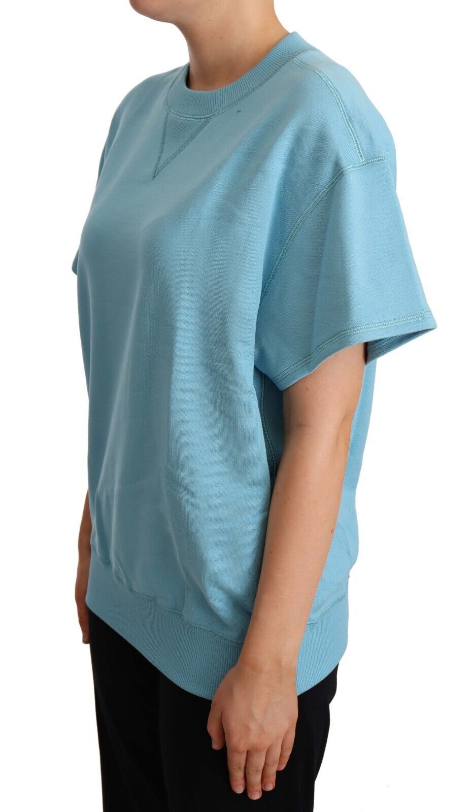 Elegante top de algodón azul con cuello redondo