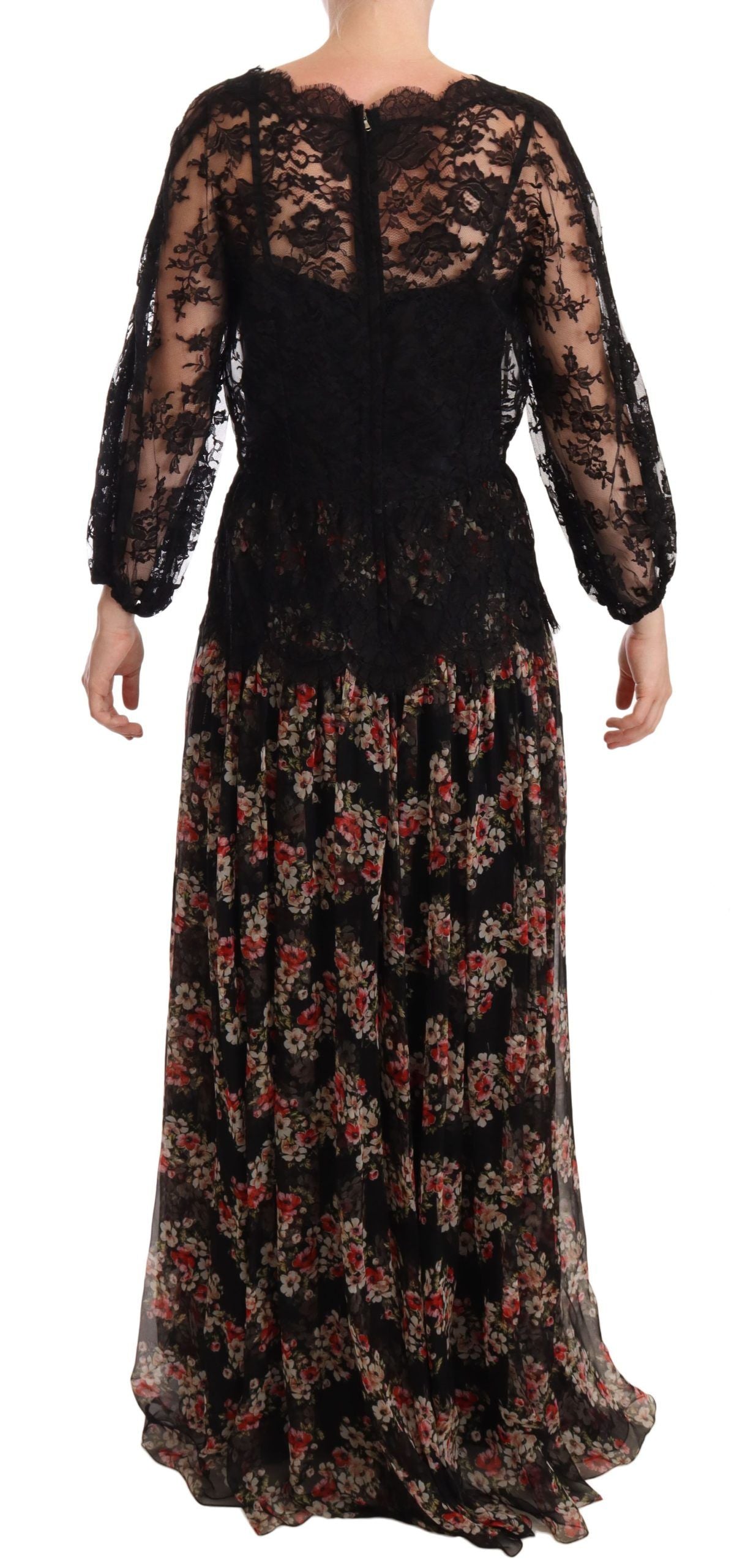Elegante vestido largo de encaje floral con lunares